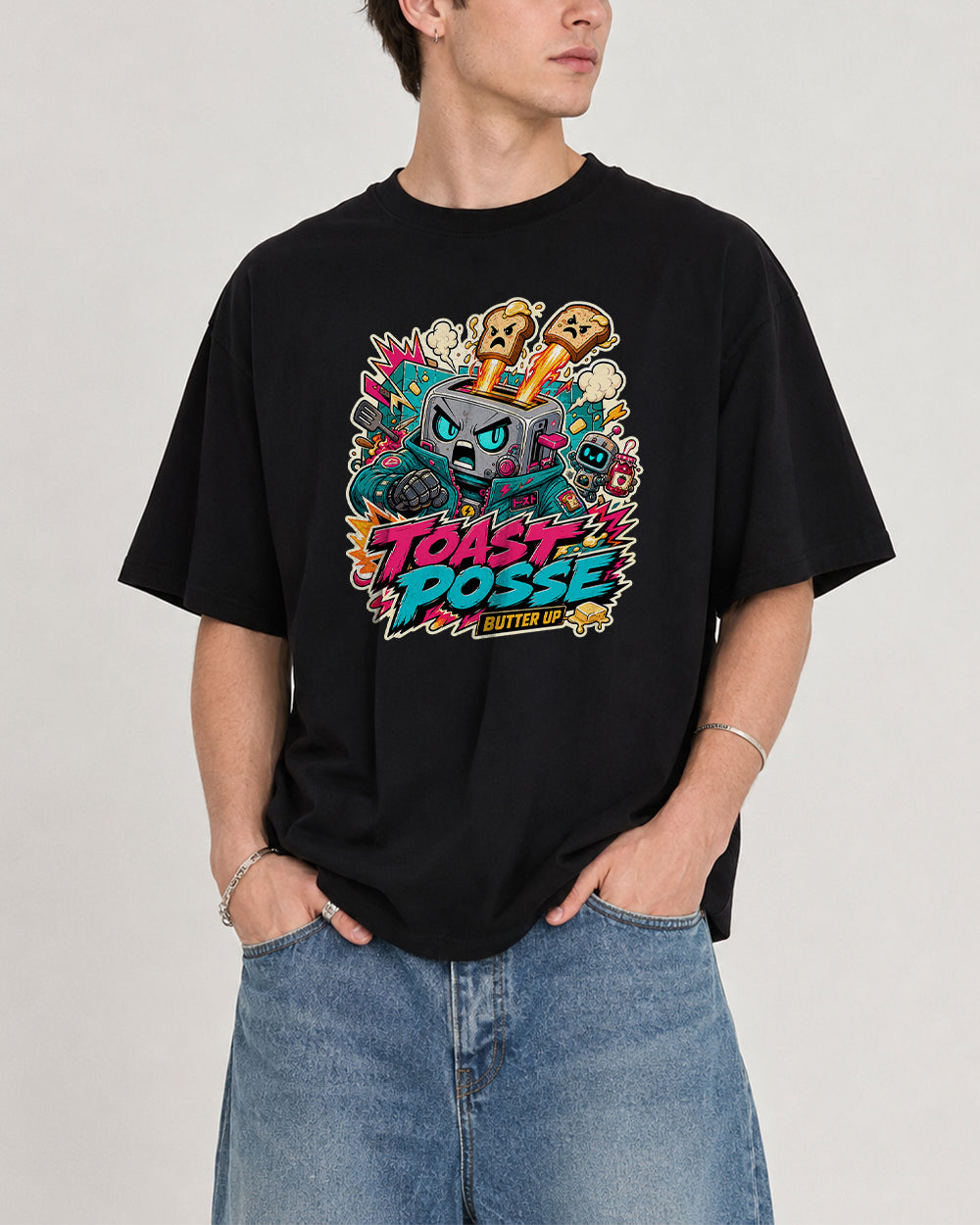 Toast Posse Butter Up Streetwear Graphic T-Shirt in Black, front model view 1