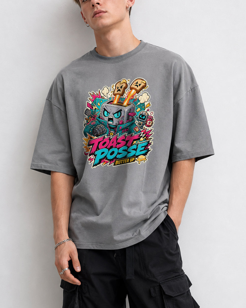 Toast Posse Butter Up Streetwear Graphic T-Shirt in Gray, front model view 3
