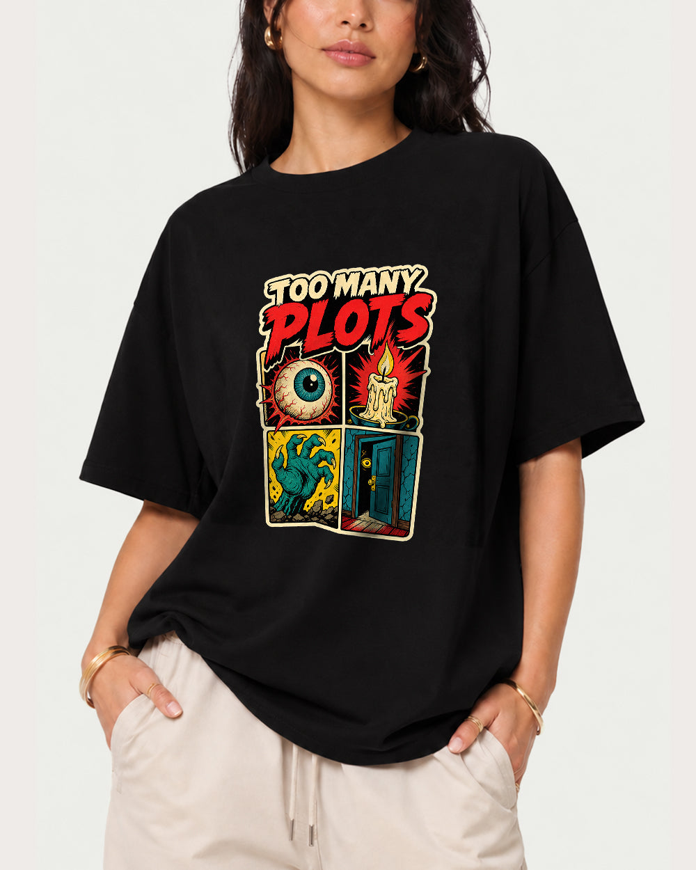 Too Many Plots Retro Graphic T-Shirt in Black, front model view 1