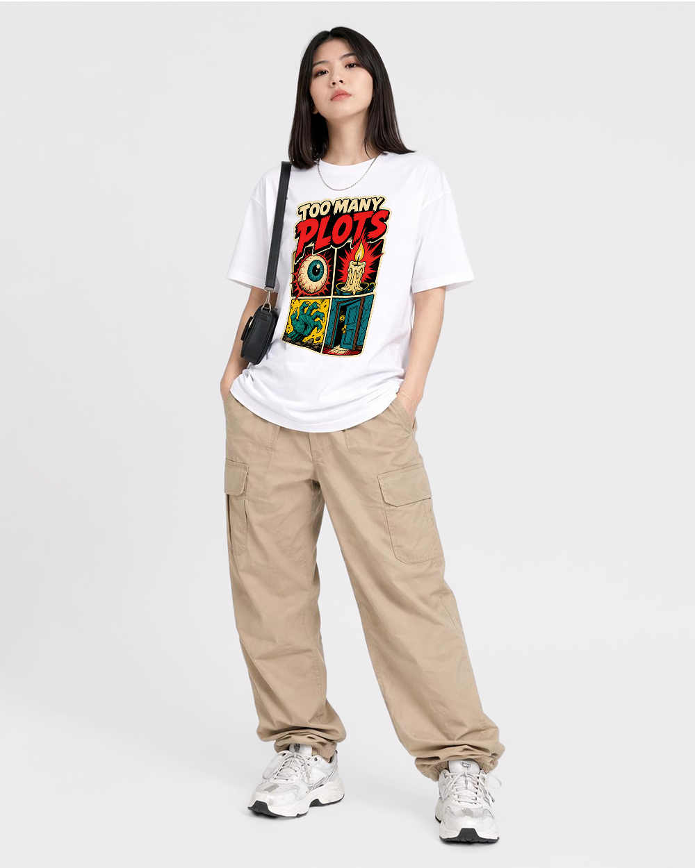 Too Many Plots Retro Graphic T-Shirt, full body fit view, image 2