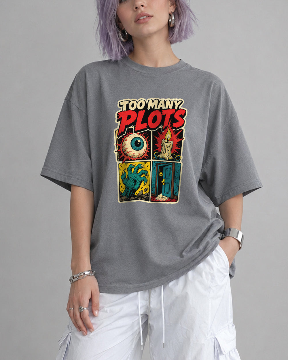 Too Many Plots Retro Graphic T-Shirt in Gray, front model view 3