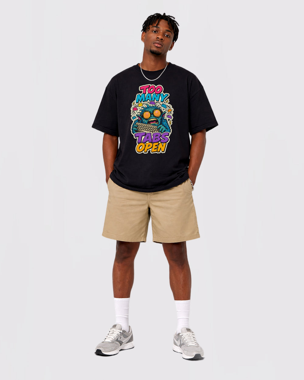 Beige Too Many Tabs Open Graphic T-Shirt full body fit view 2 image