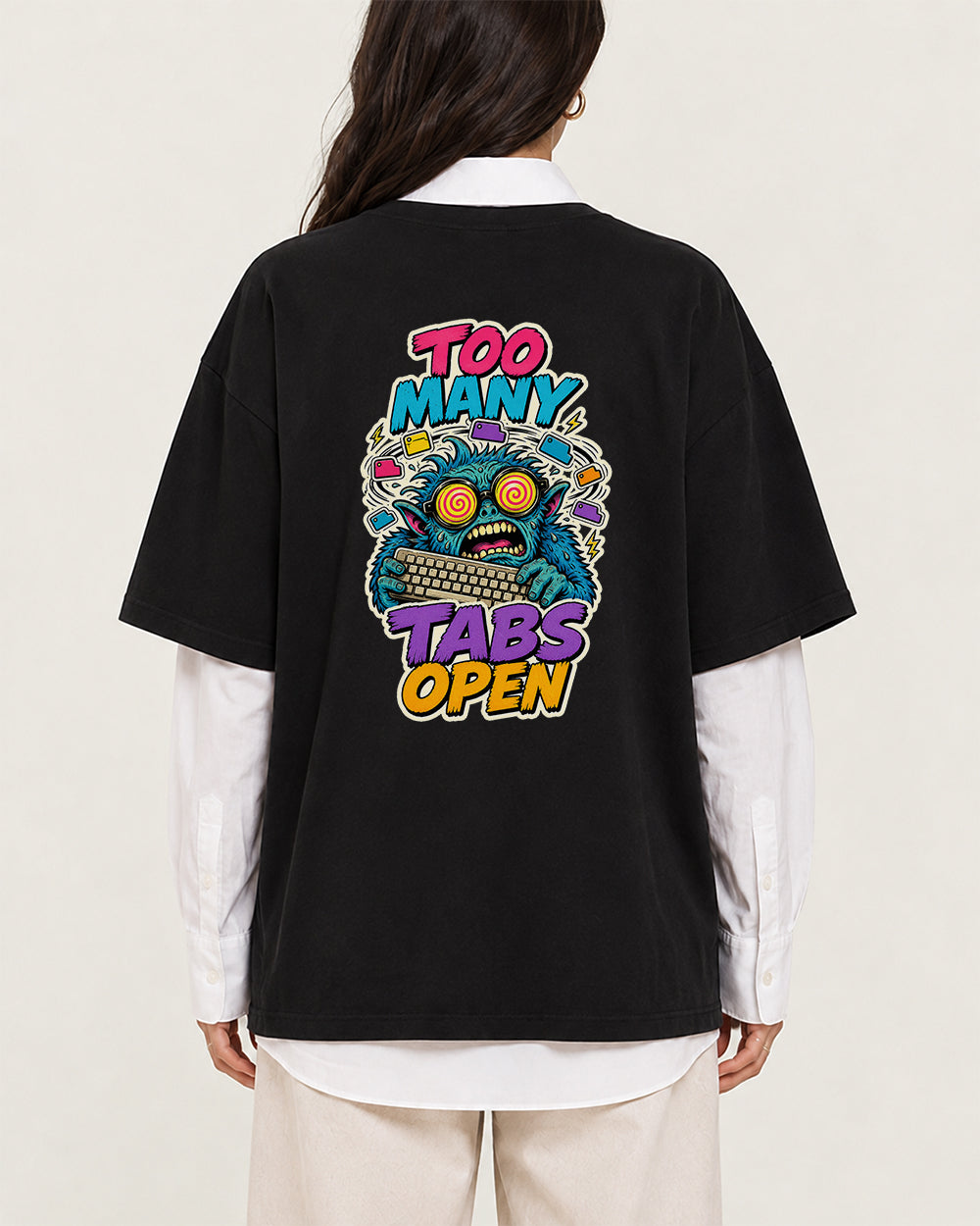 Too Many Tabs Open Graphic T-Shirt in Black, back model view 2