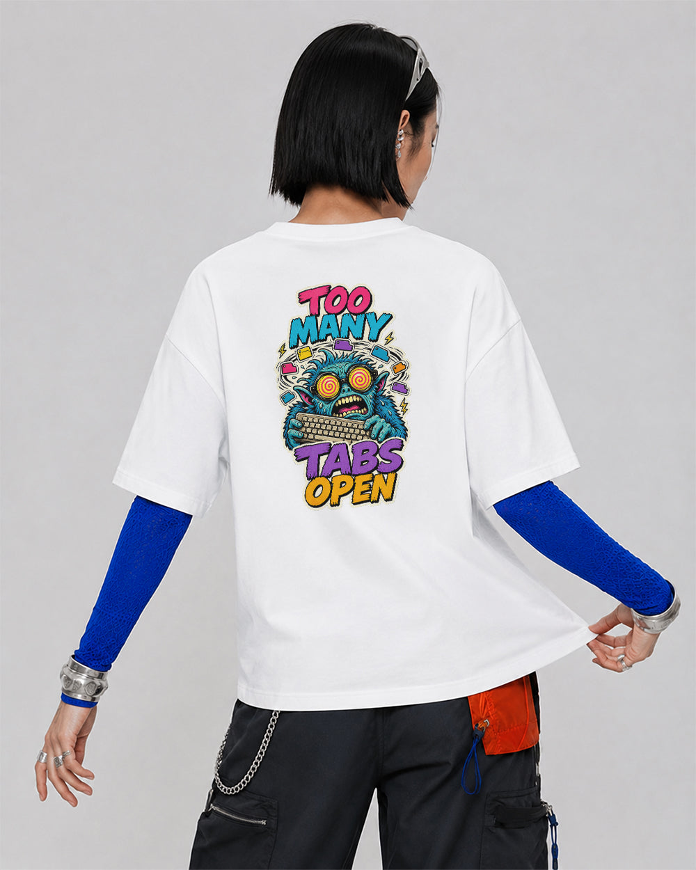 Too Many Tabs Open Graphic T-Shirt in White, back model view 1