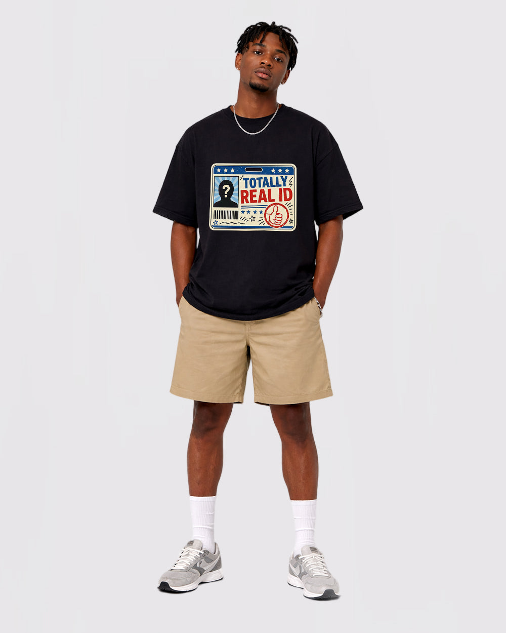 Totally Real ID Pop Culture Graphic T-Shirt, full body fit view, image 2