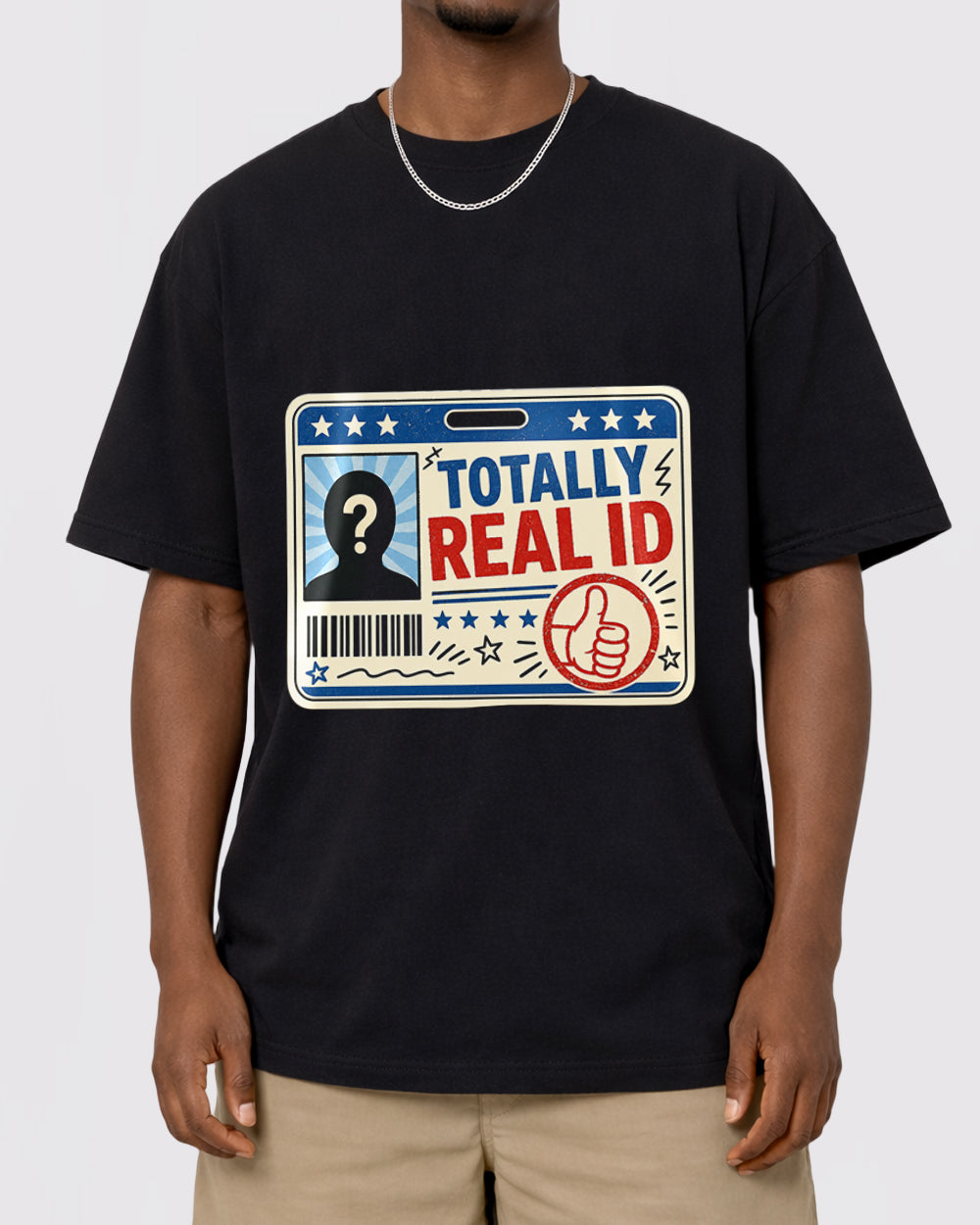 Totally Real ID Pop Culture Graphic T-Shirt, primary front view, image 1