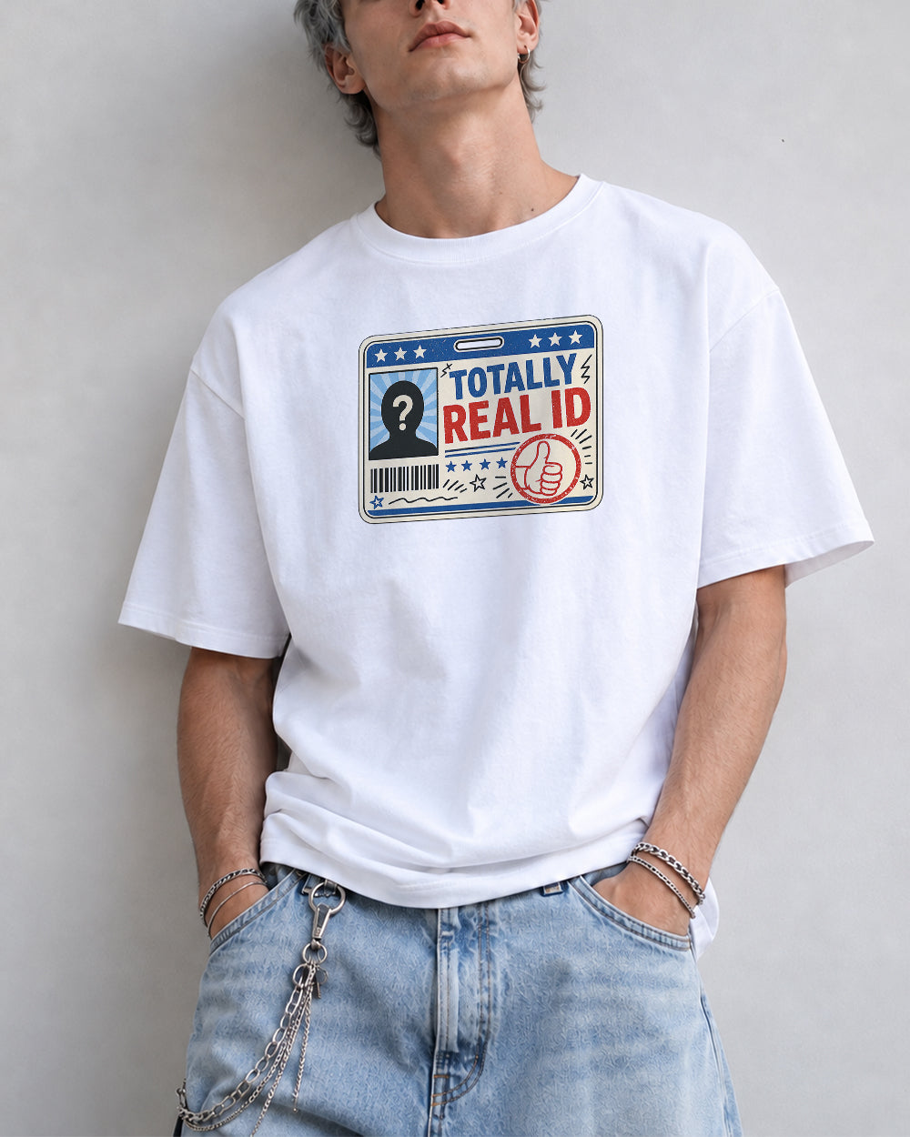 Totally Real ID Pop Culture Graphic T-Shirt in White, front model view 7