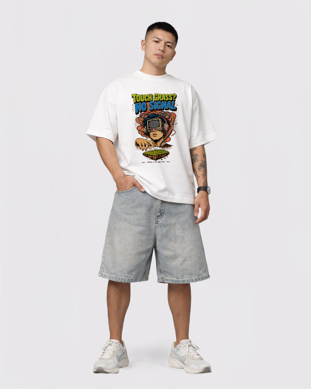Touch Grass No Signal Retro Graphic T-Shirt, full body fit view, image 2