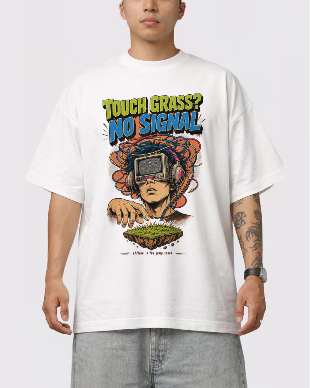 Touch Grass No Signal Retro Graphic T-Shirt, primary front view, image 1