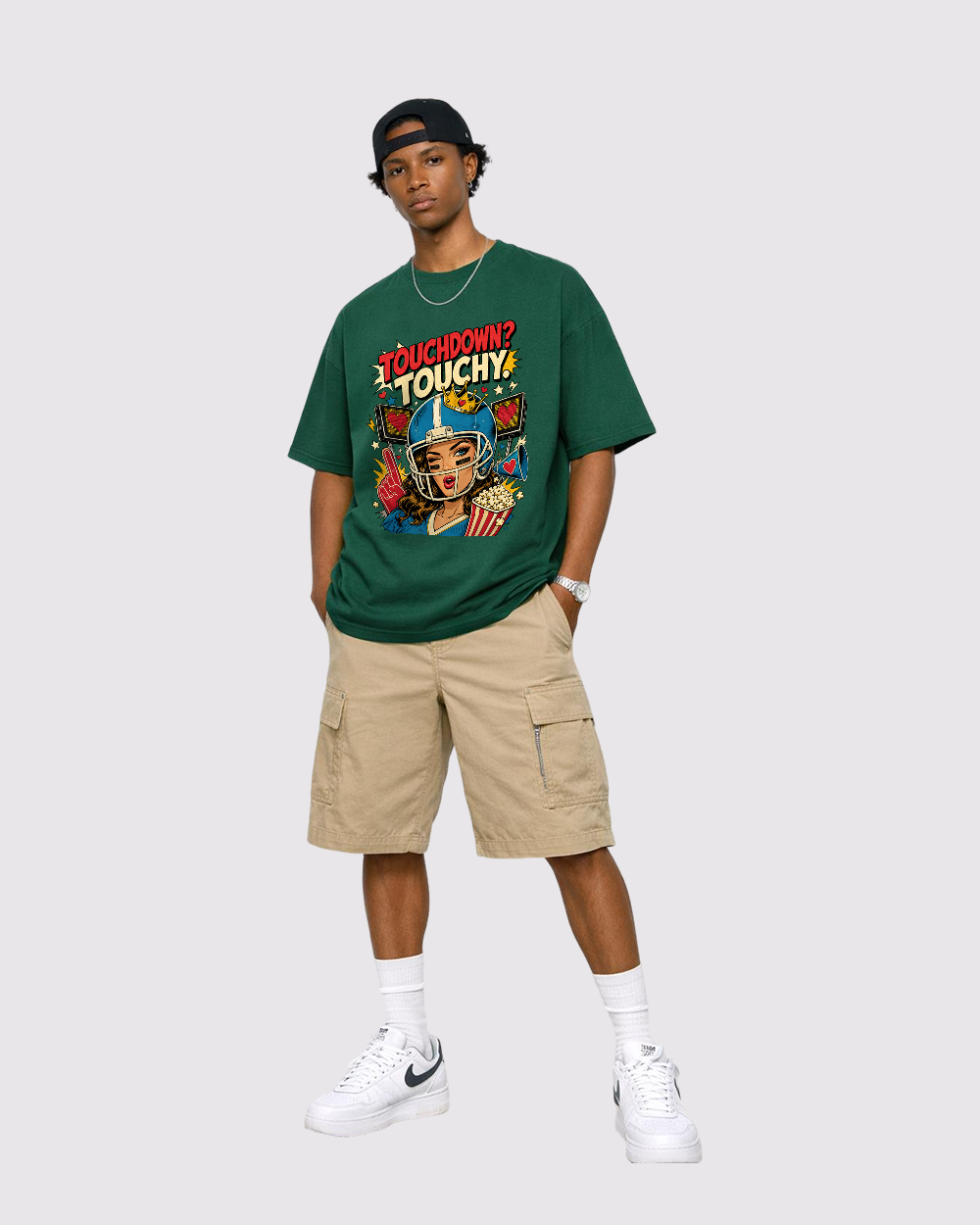 Touchdown? Touchy Retro Graphic T-Shirt, full body fit view, image 2
