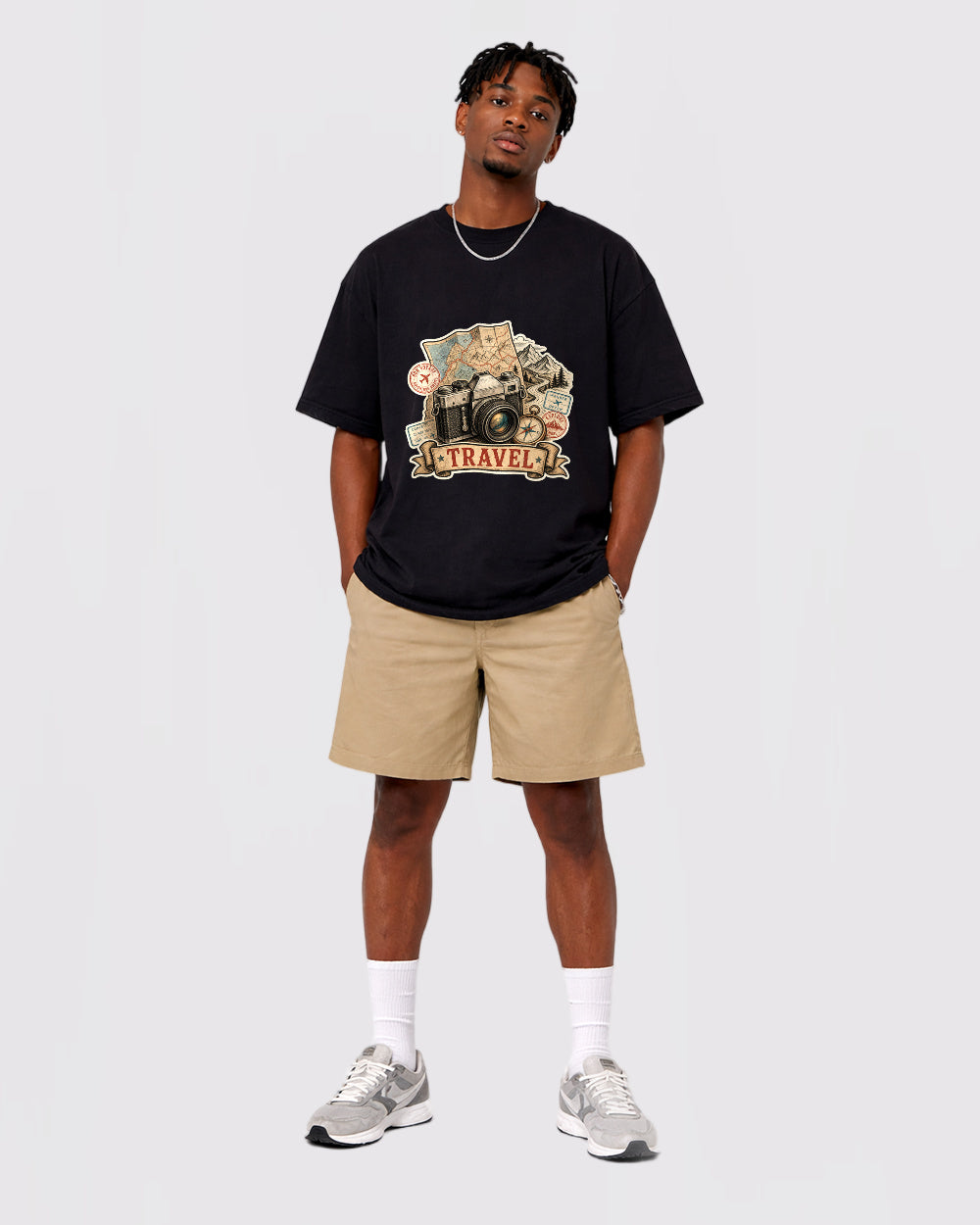Beige Travel Camera Adventure Graphic T-Shirt full body fit view 2 image