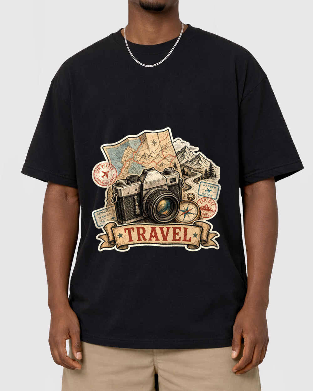 White Travel Camera Adventure Graphic T-Shirt primary front view 1 image