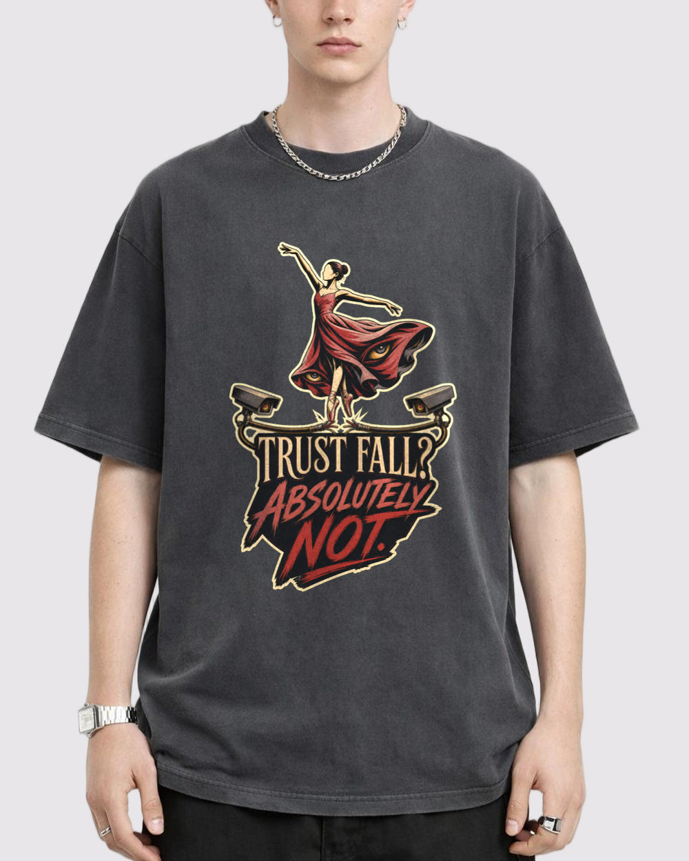 Trust Fall Absolutely Not Dark Graphic T-Shirt, primary front view, image 1