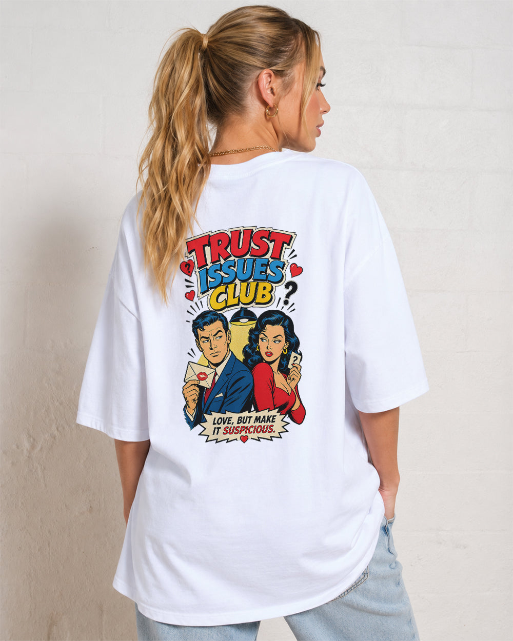 Trust Issues Club Funny Graphic T-Shirt in White, back model view 1