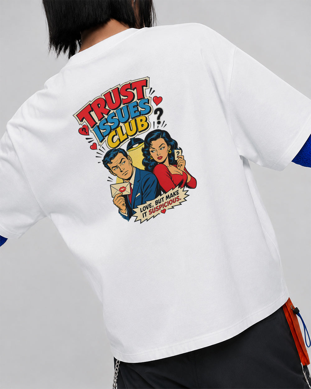 Trust Issues Club Funny Graphic T-Shirt in White, back model view 2