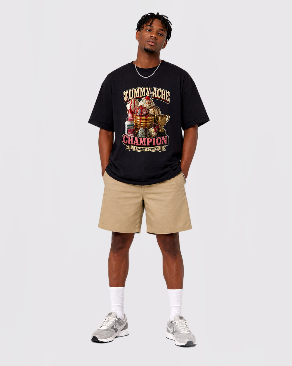 Tummy Ache Antacid Champion Food Graphic T-Shirt, full body fit view, image 2
