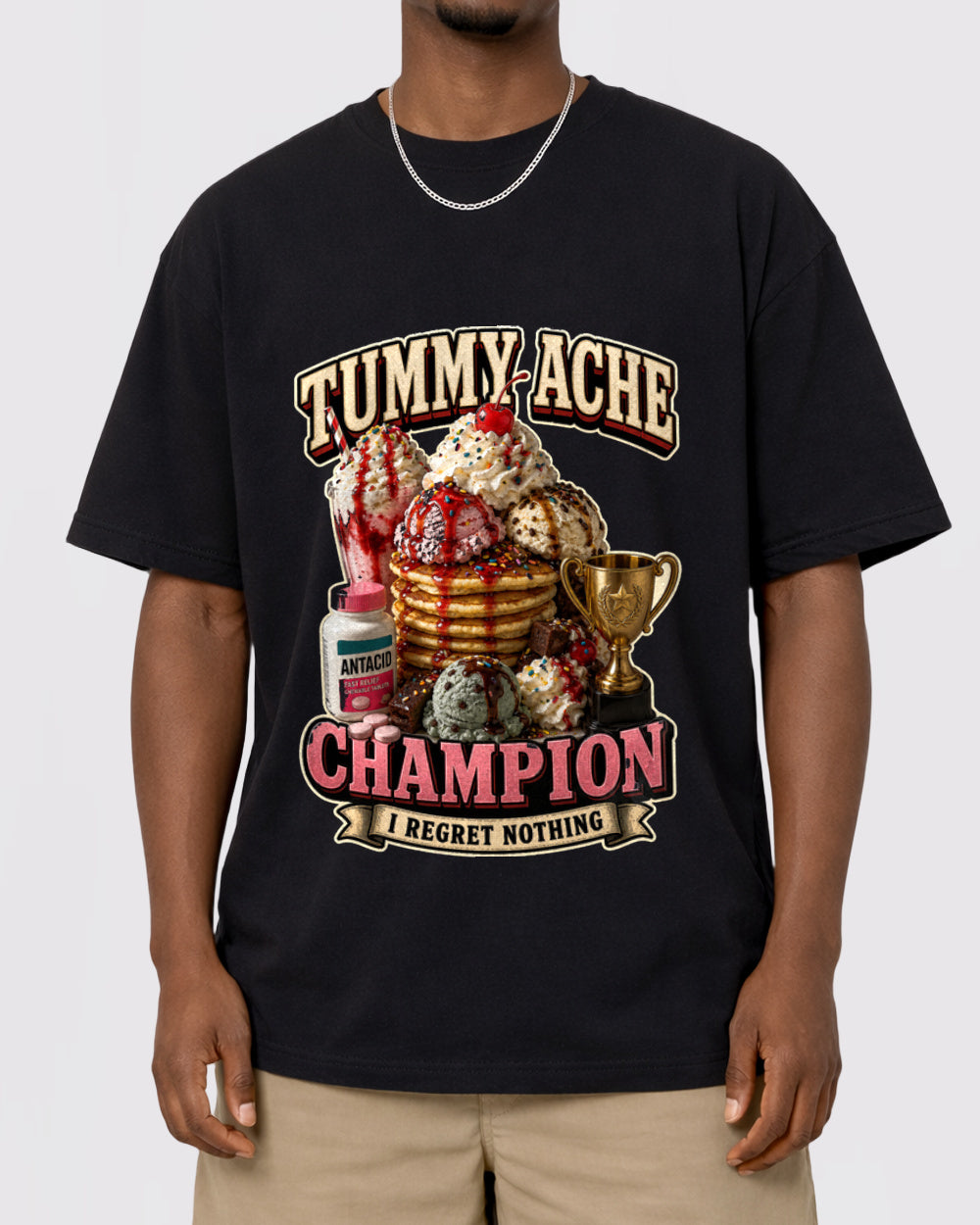 Tummy Ache Antacid Champion Food Graphic T-Shirt, primary front view, image 1