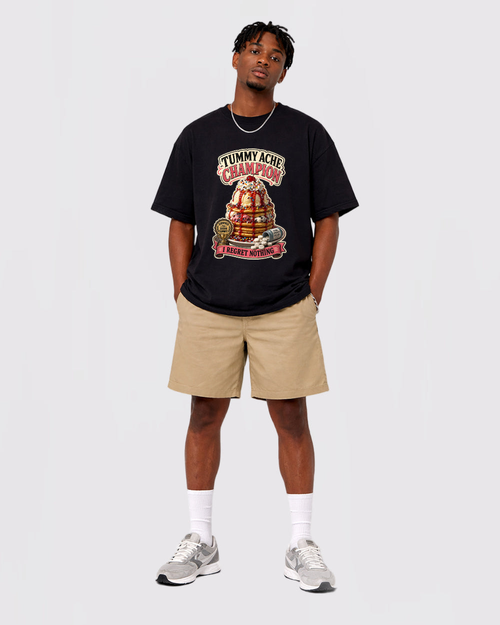 Tummy Ache Champion, I Regret Nothing Food Graphic T-Shirt, full body fit view, image 2