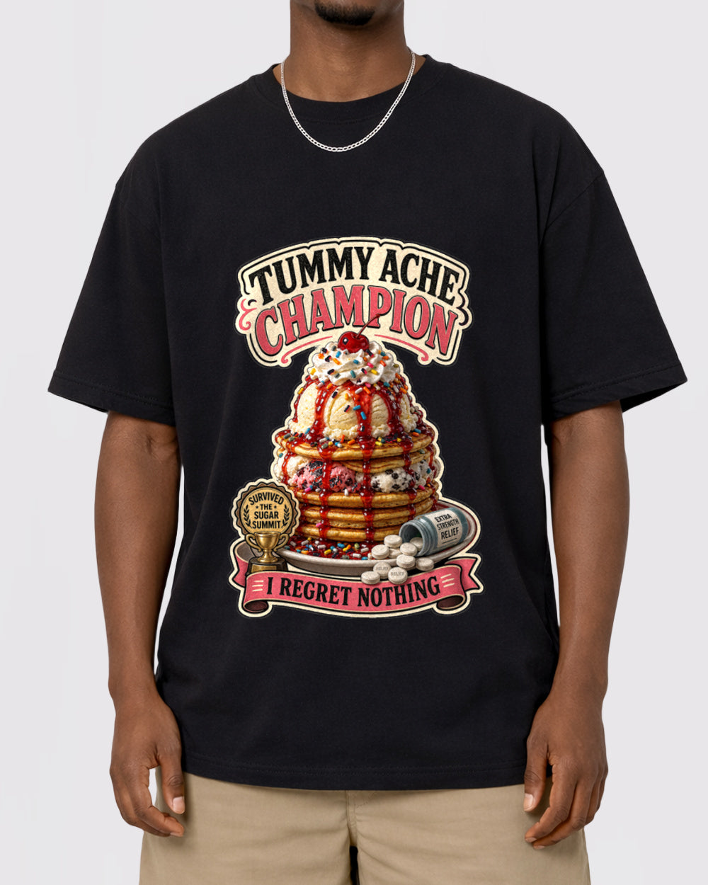Tummy Ache Champion, I Regret Nothing Food Graphic T-Shirt, primary front view, image 1
