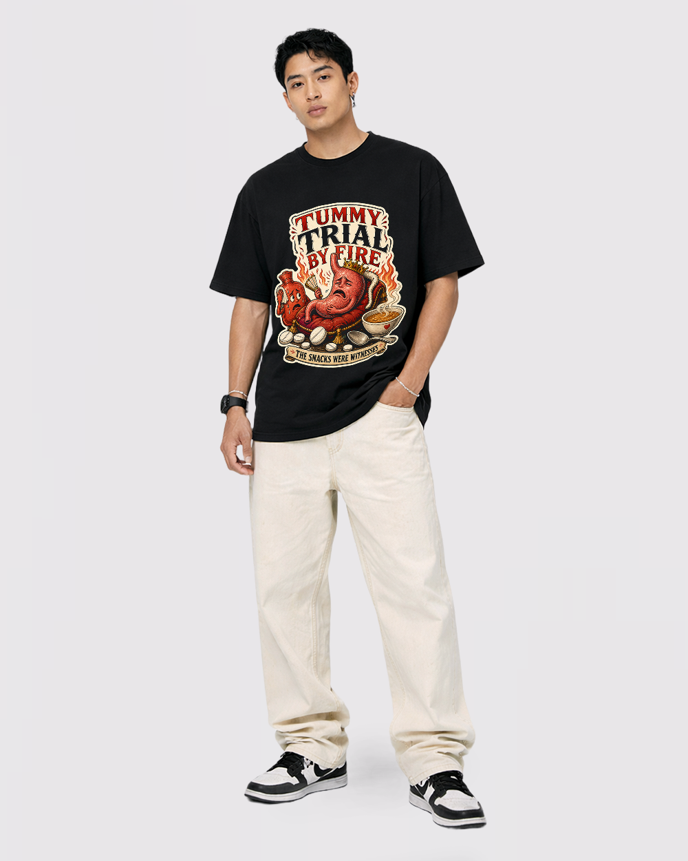 Tummy Trial By Fire Retro Graphic T-Shirt, full body fit view, image 2