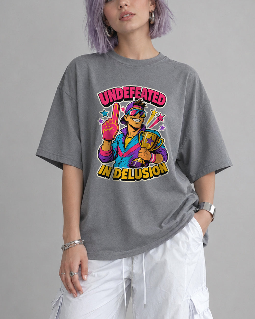 Undefeated in Delusion Graphic T-Shirt in Gray, front model view 3