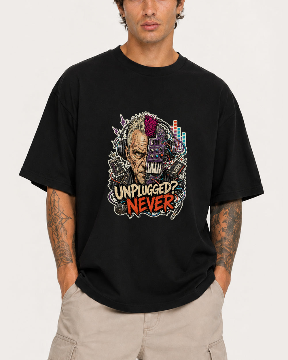 Unplugged? Never Retro Graphic T-Shirt in Black, front model view 1