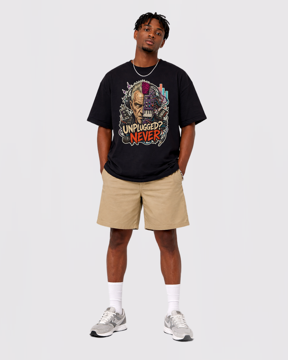 Unplugged? Never Retro Graphic T-Shirt, full body fit view, image 2