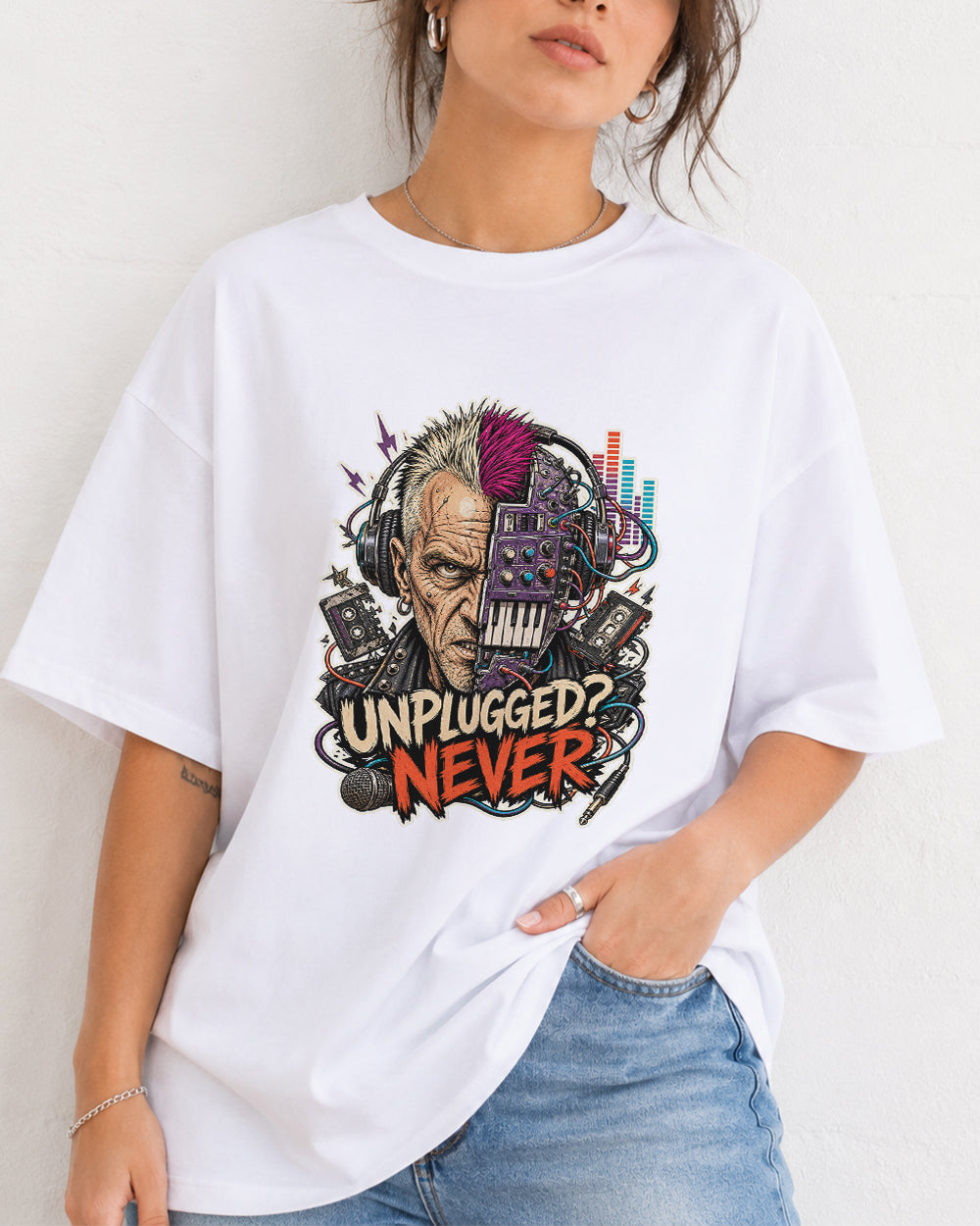 Unplugged? Never Retro Graphic T-Shirt in White, front model view 7