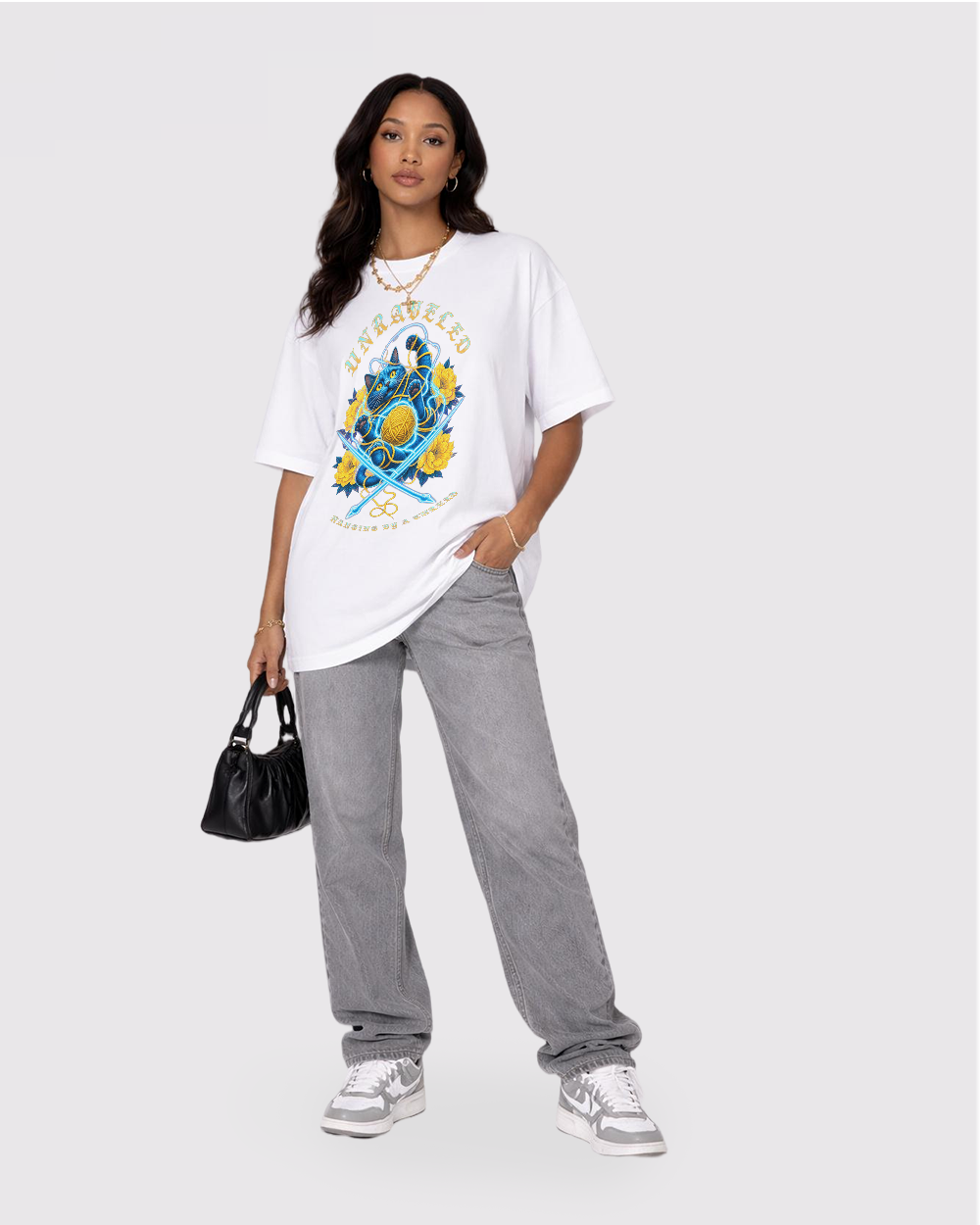 Unraveled, Hanging By A Thread Retro Graphic T-Shirt, full body fit view, image 2