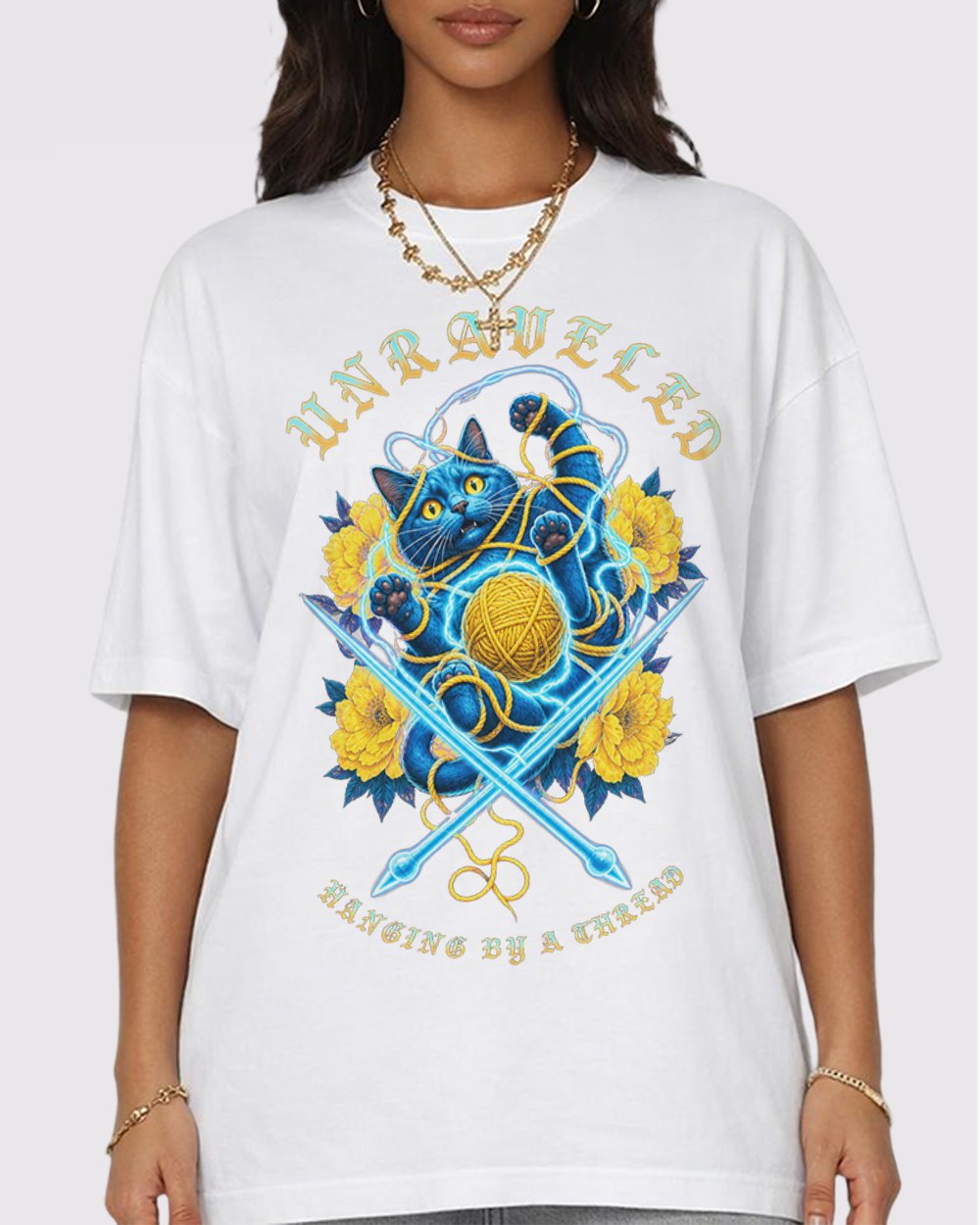 Unraveled, Hanging By A Thread Retro Graphic T-Shirt, primary front view, image 1