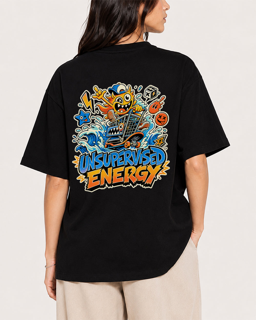 Unsupervised Energy Funny Graphic T-Shirt in Black, back model view 1