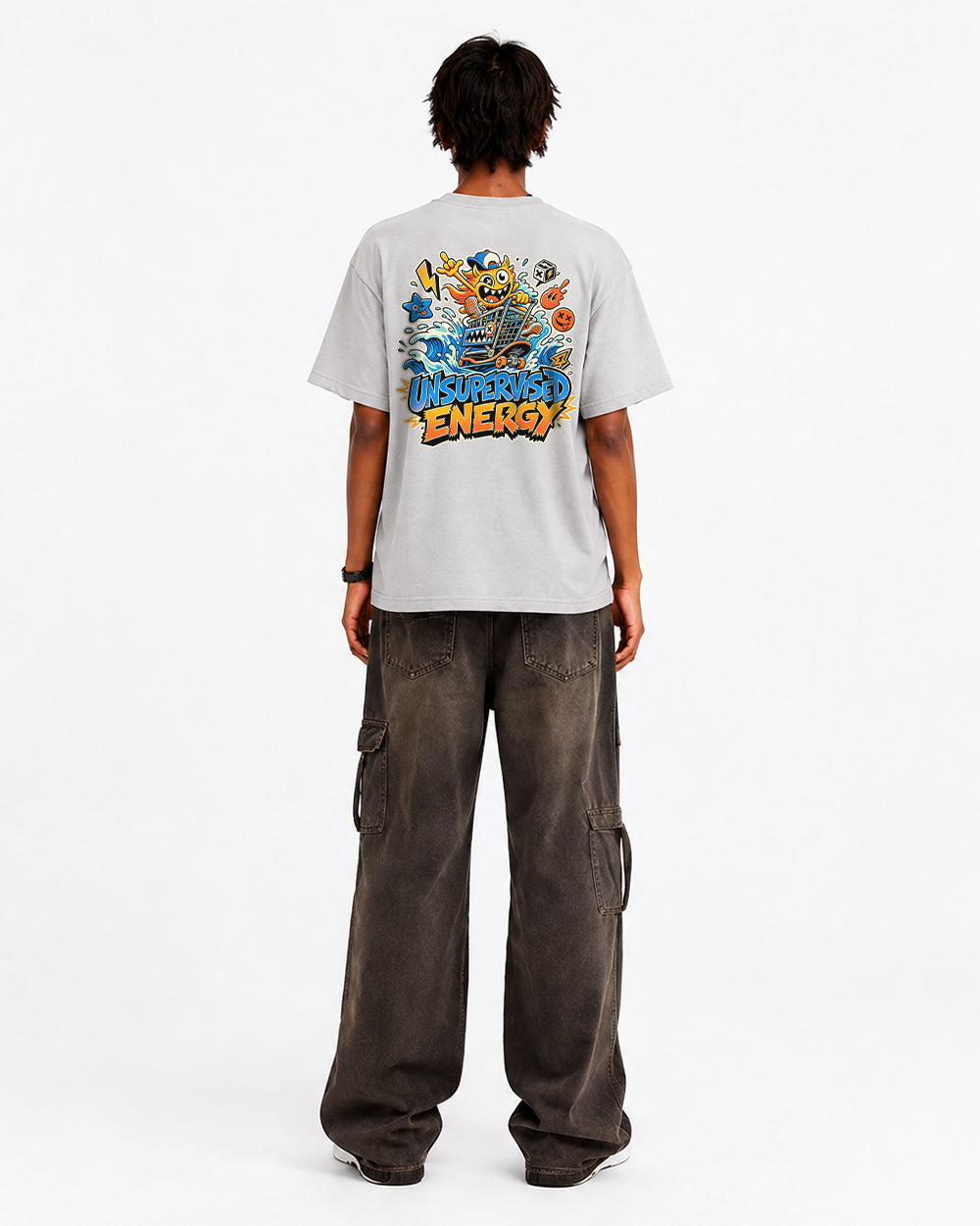 Unsupervised Energy Funny Graphic T-Shirt in Gray, back model view 7