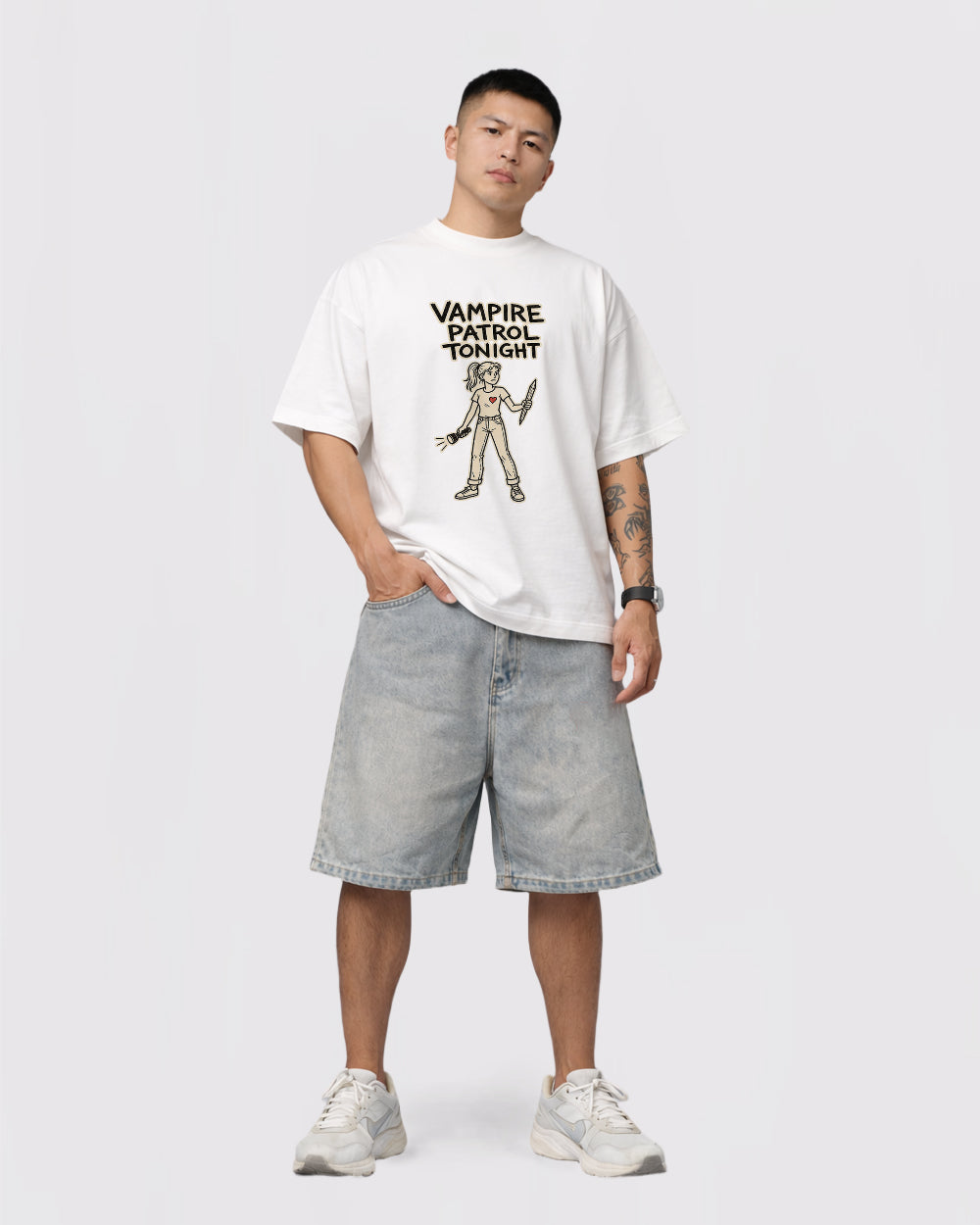 Vampire Patrol Tonight Pop Culture Graphic T-Shirt, full body fit view, image 2