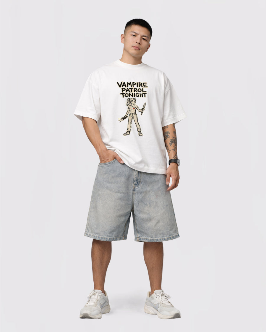 Vampire Patrol Tonight Pop Culture Graphic T-Shirt, full body fit view, image 2