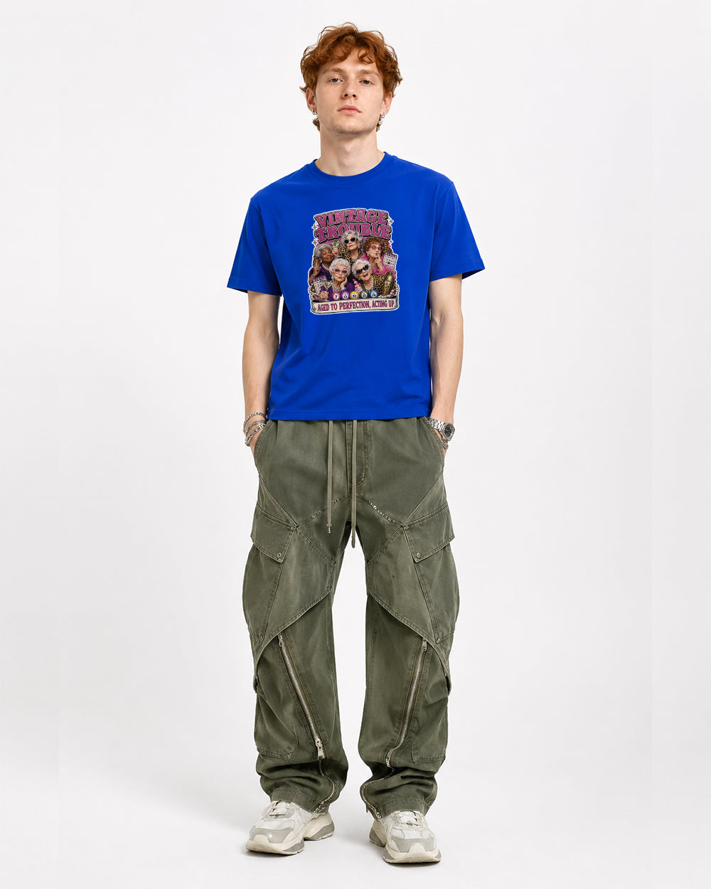 Vintage Trouble Aged to Perfection Pop Culture Graphic T-Shirt in Blue, front model view 5