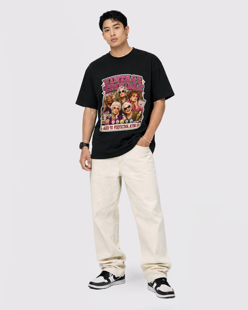 Vintage Trouble Aged to Perfection Pop Culture Graphic T-Shirt, full body fit view, image 2