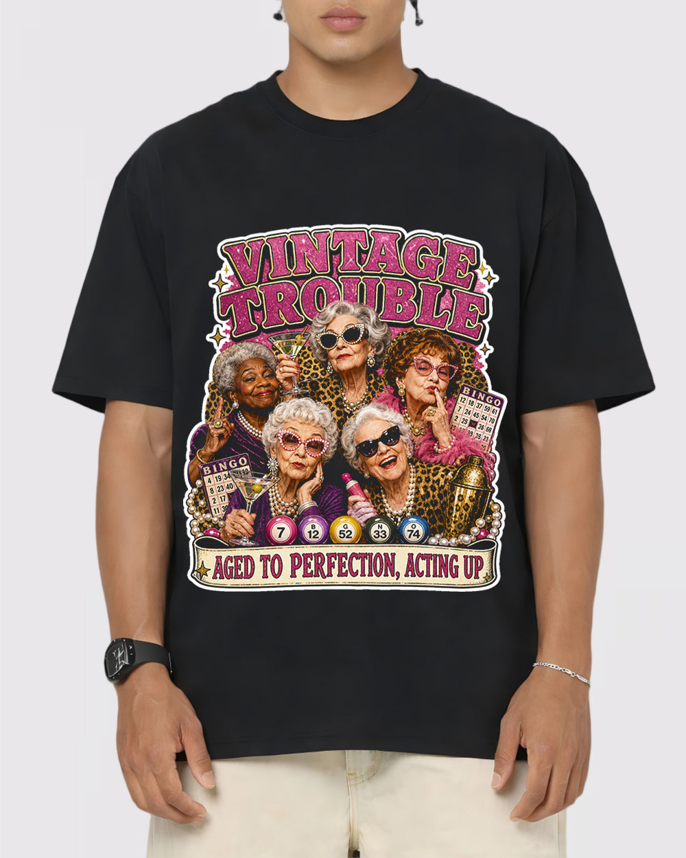 Vintage Trouble Aged to Perfection Pop Culture Graphic T-Shirt, primary front view, image 1