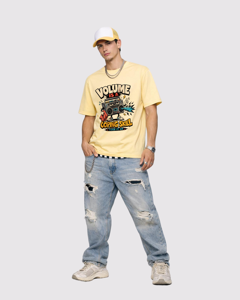 Volume Is A Coping Skill Retro Graphic T-Shirt, full body fit view, image 2