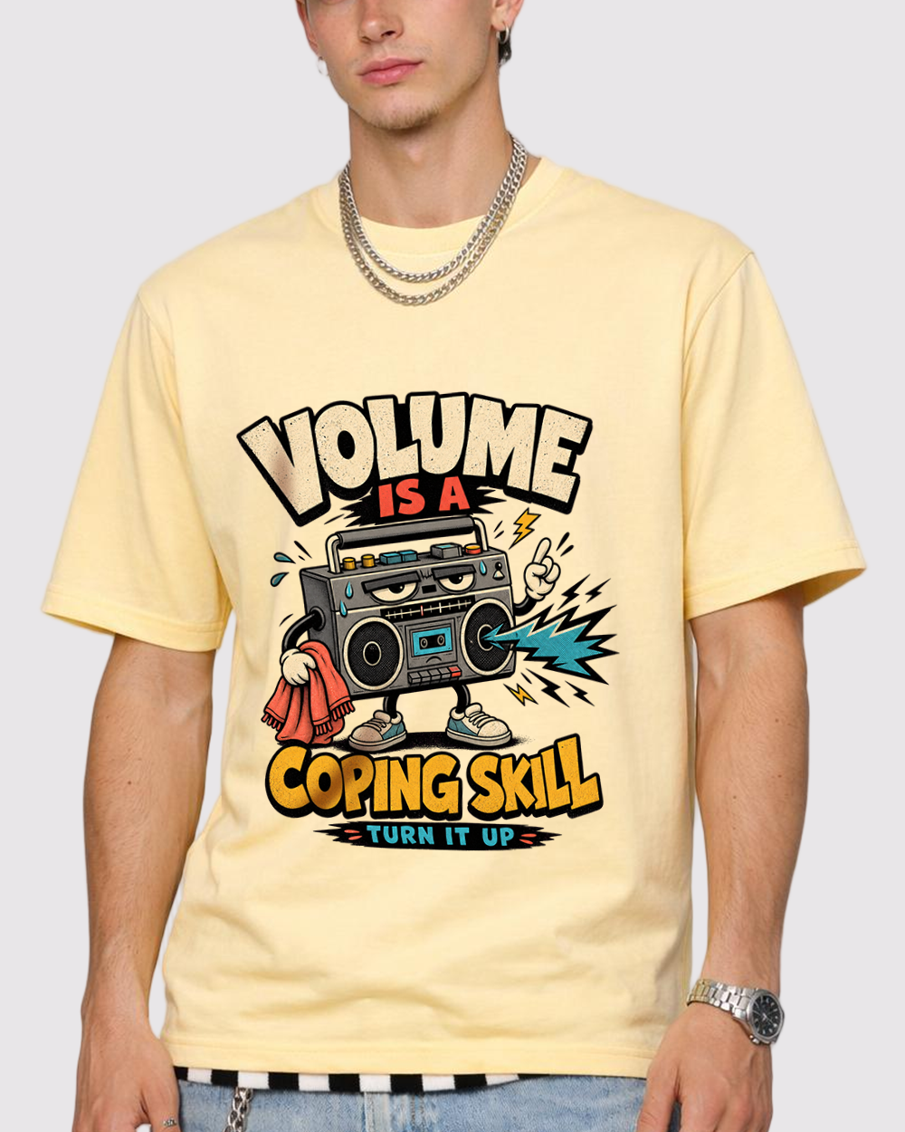 Volume Is A Coping Skill Retro Graphic T-Shirt, primary front view, image 1