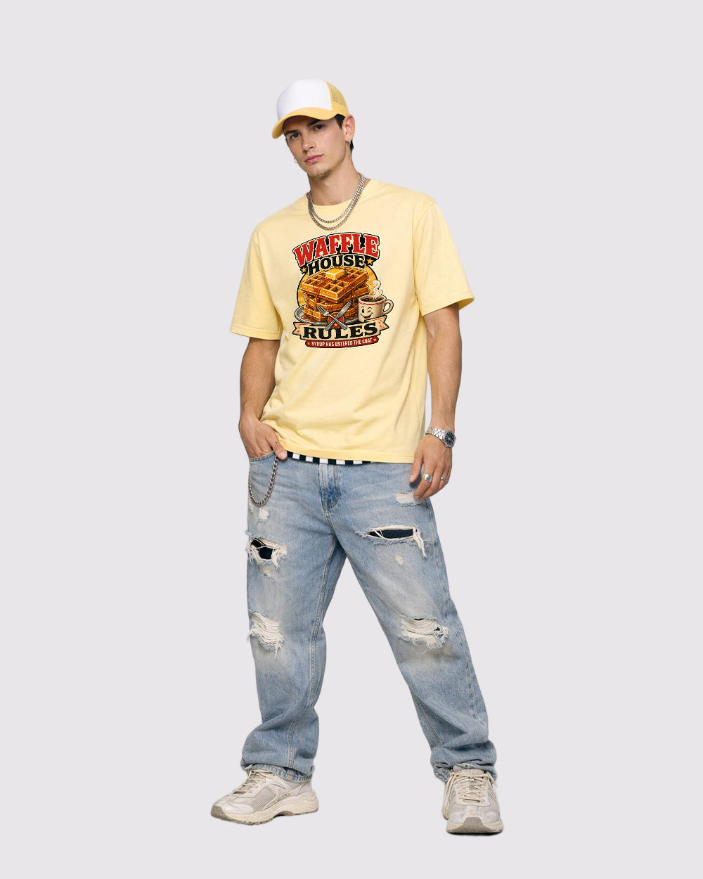 Waffle House Rules Food Graphic T-Shirt, full body fit view, image 2