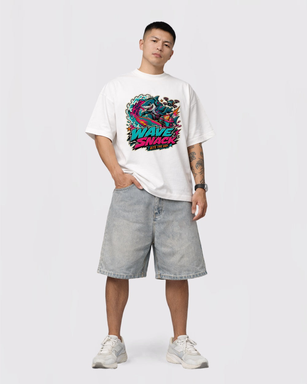 Wave Snack, Bite The Day Streetwear Graphic T-Shirt, full body fit view, image 2
