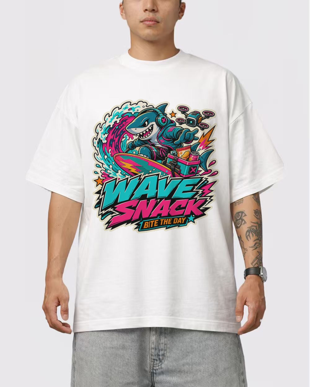 Wave Snack, Bite The Day Streetwear Graphic T-Shirt, primary front view, image 1