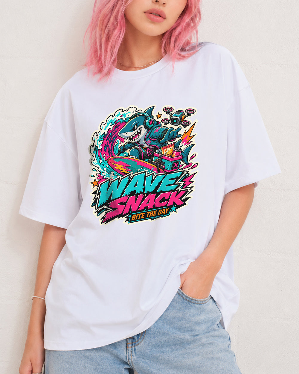 Wave Snack, Bite The Day Streetwear Graphic T-Shirt in White, front model view 5