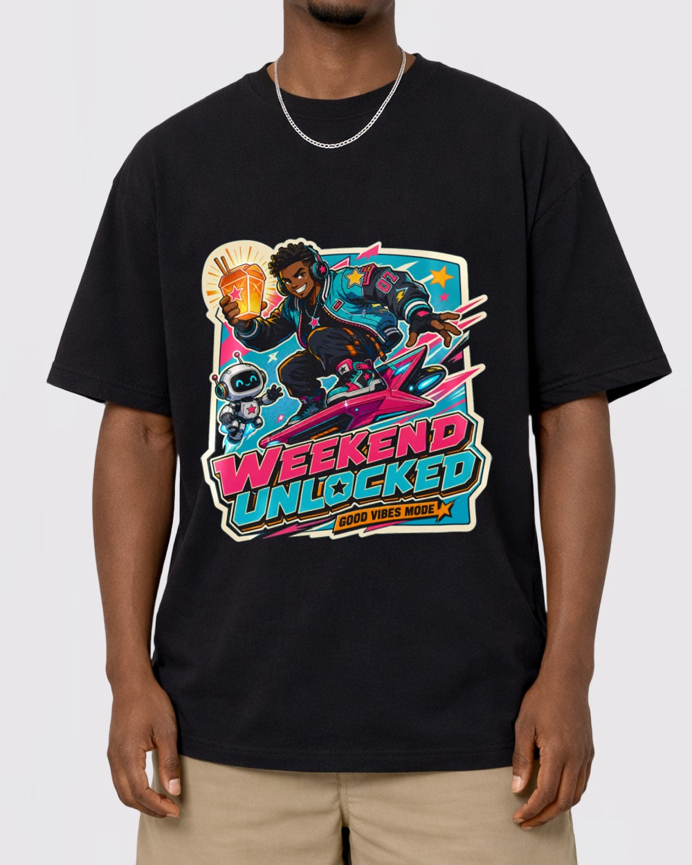 Weekend Unlocked Good Vibes Mode Streetwear Graphic T-Shirt, primary front view, image 1