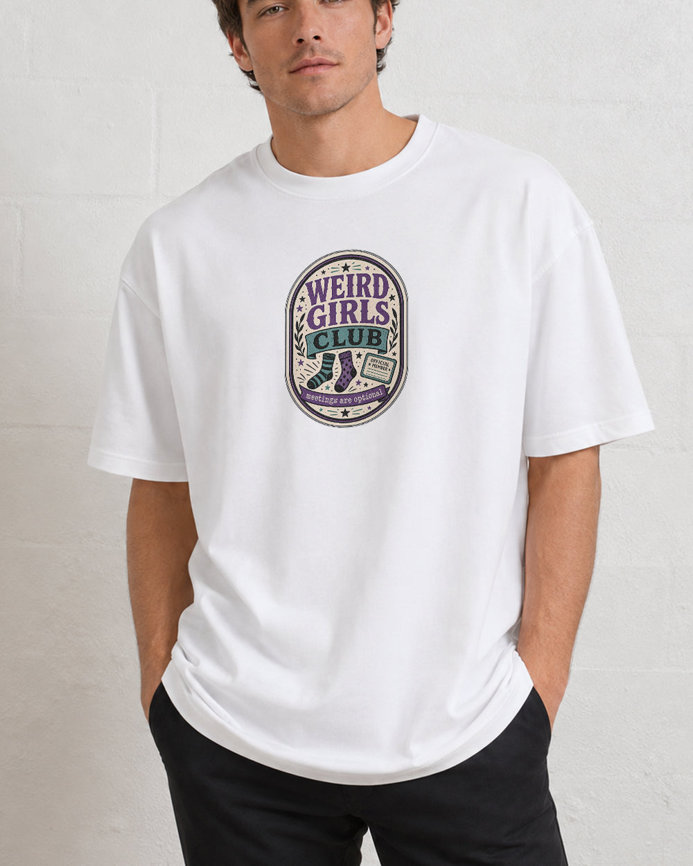 Weird Girls Club Pop Culture Graphic T-Shirt in White, front model view 7