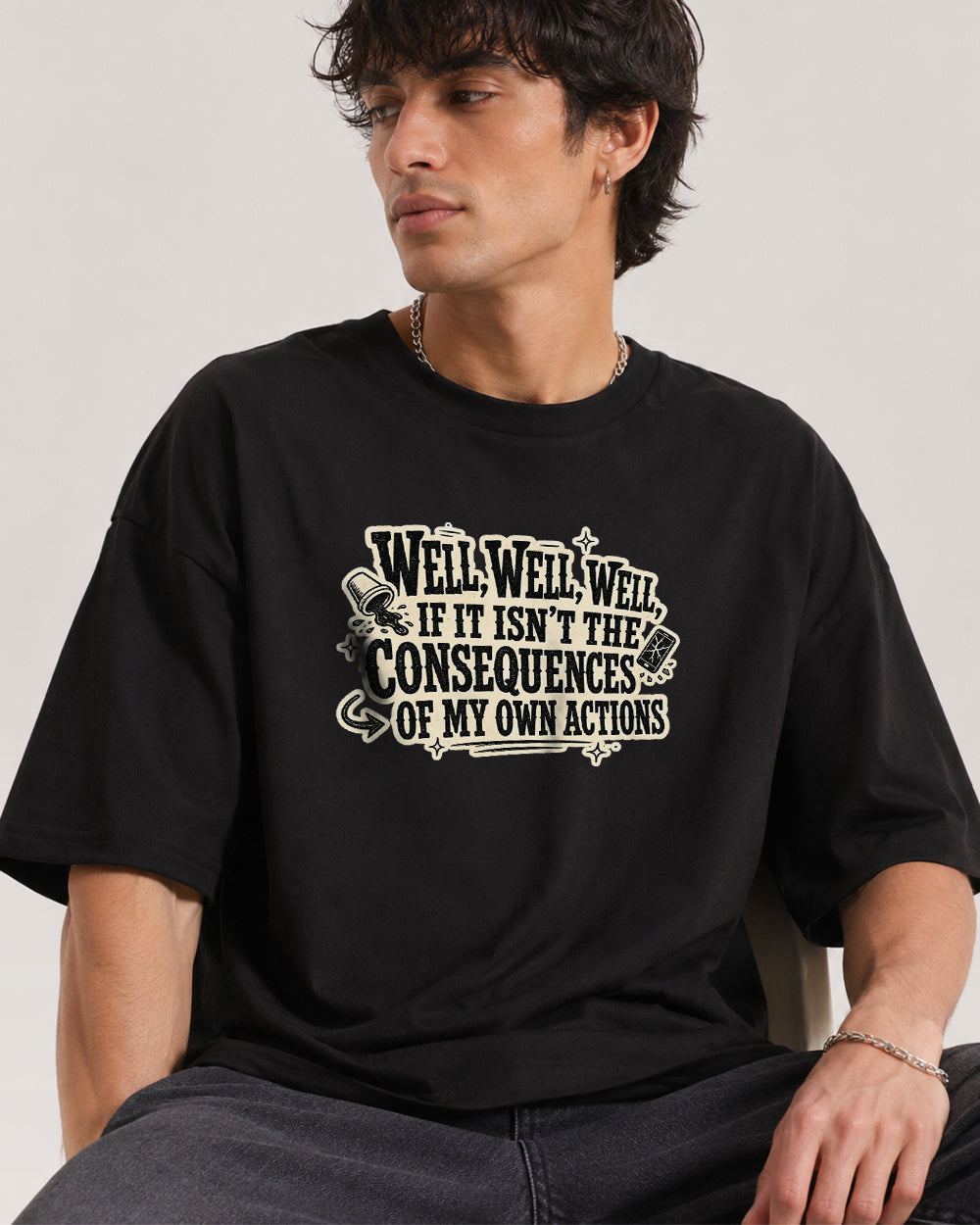 Well Well Well, If It Isn't Consequences Pop Culture Graphic T-Shirt in Black, front model view 1