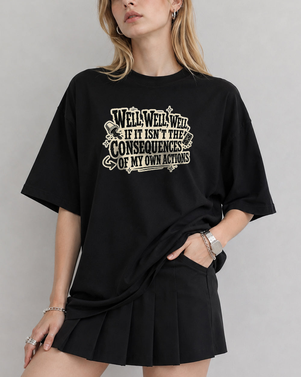 Well Well Well, If It Isn't Consequences Pop Culture Graphic T-Shirt in Black, front model view 2