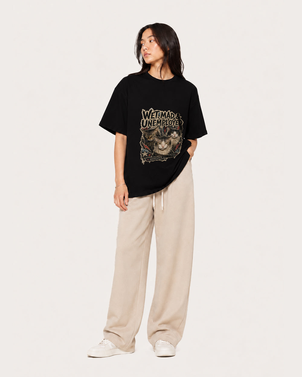 Wet, Mad And Unemployed Dark Graphic T-Shirt in White, front model view 1