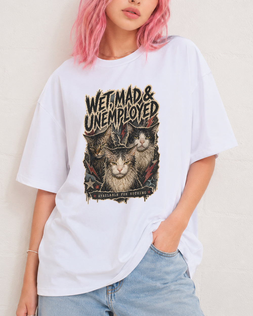 Wet, Mad And Unemployed Dark Graphic T-Shirt in White, front model view 2