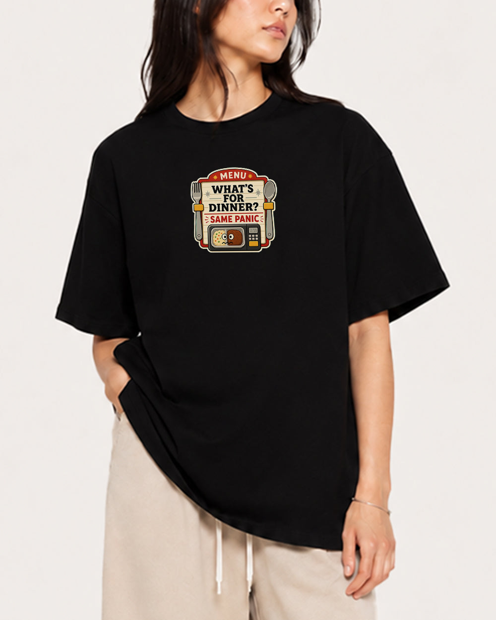 What's For Dinner? Same Panic Funny Graphic T-Shirt in Black, front model view 1